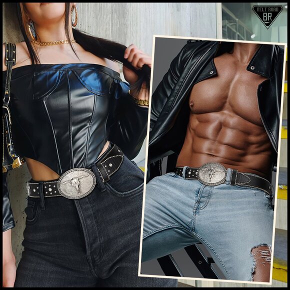 PU Leather Rhinestone Western Belt with Detachable Buckle main image 5